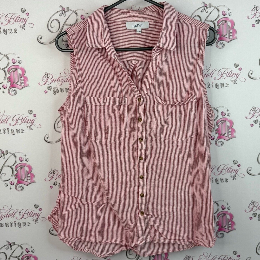 Mystyle tank top button up collared Red Striped Sleeveless Button-Down Shirt